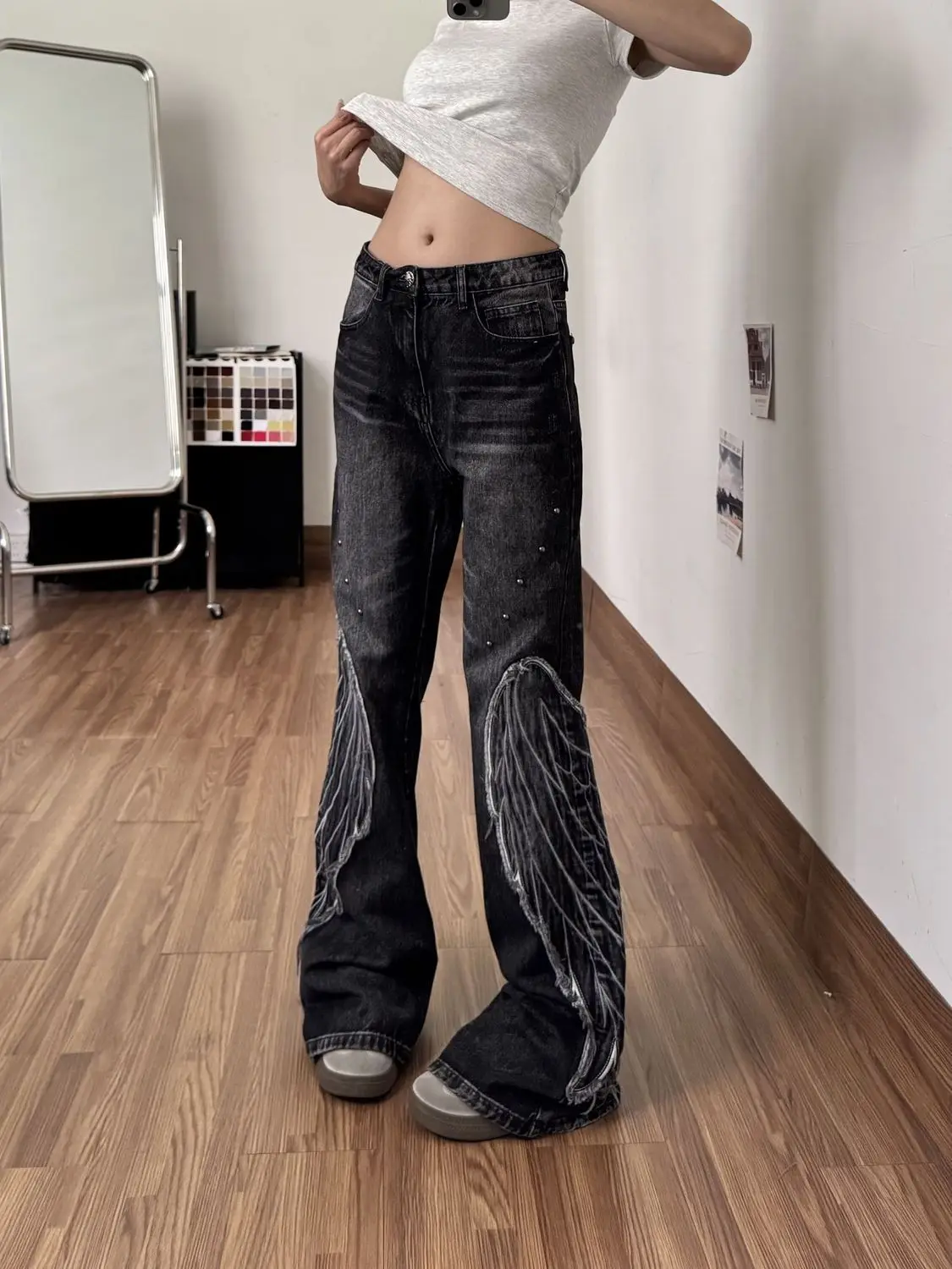American Retro Distressed Wing Flared Jeans Summer New Style punk Style Slim-Fit and Figure-Hugging Pants Trendy and Fashionable