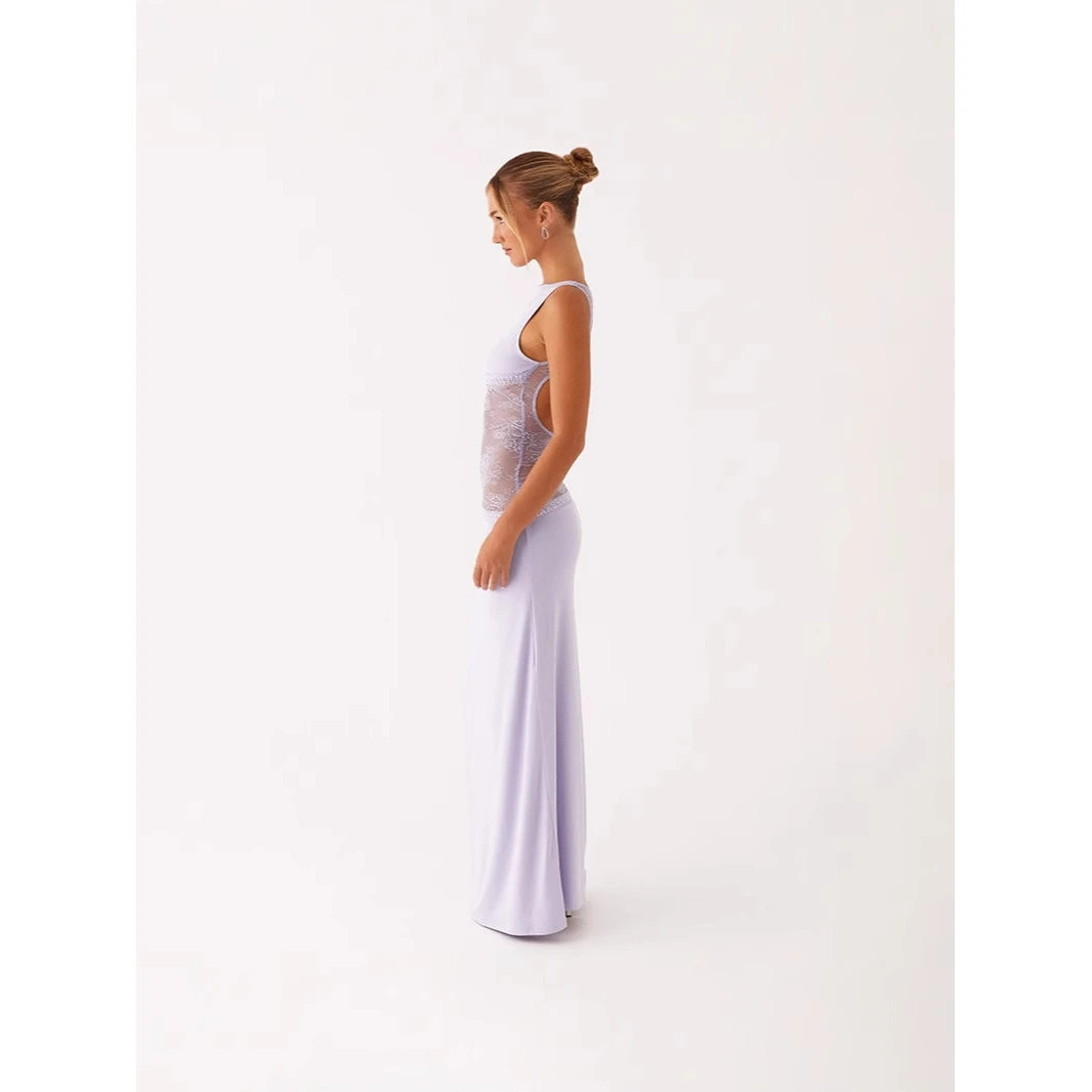 2025 New Sexy Slimming Lace Satin Backless Long Dress Women's Fashionable Cross-Border Summer Dress Elegant Evening Gown