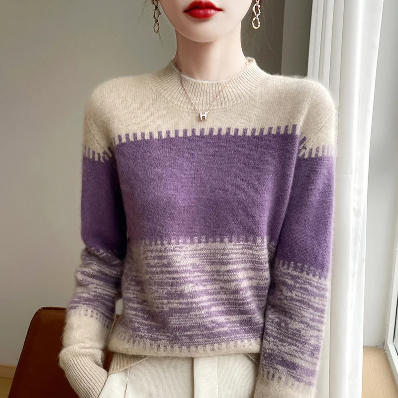 100% Merino Wool Round Neck Color Contrast Striped Jumper Autumn/Winter Thick Warm Long Sleeve Sweater Soft Short Top