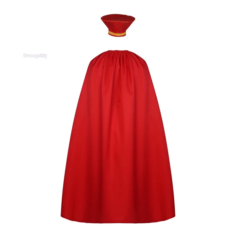 Lord Farquaad คอสเพลย์อะนิเมะเครื่องแต่งกายชุดเสื้อคลุมถุงมือหมวกชุดคอสเพลย์ยุคกลางปาร์ตี้ฮาโลวีนชุดสีแดงสําหรับเด็กผู้หญิงผู้ชาย