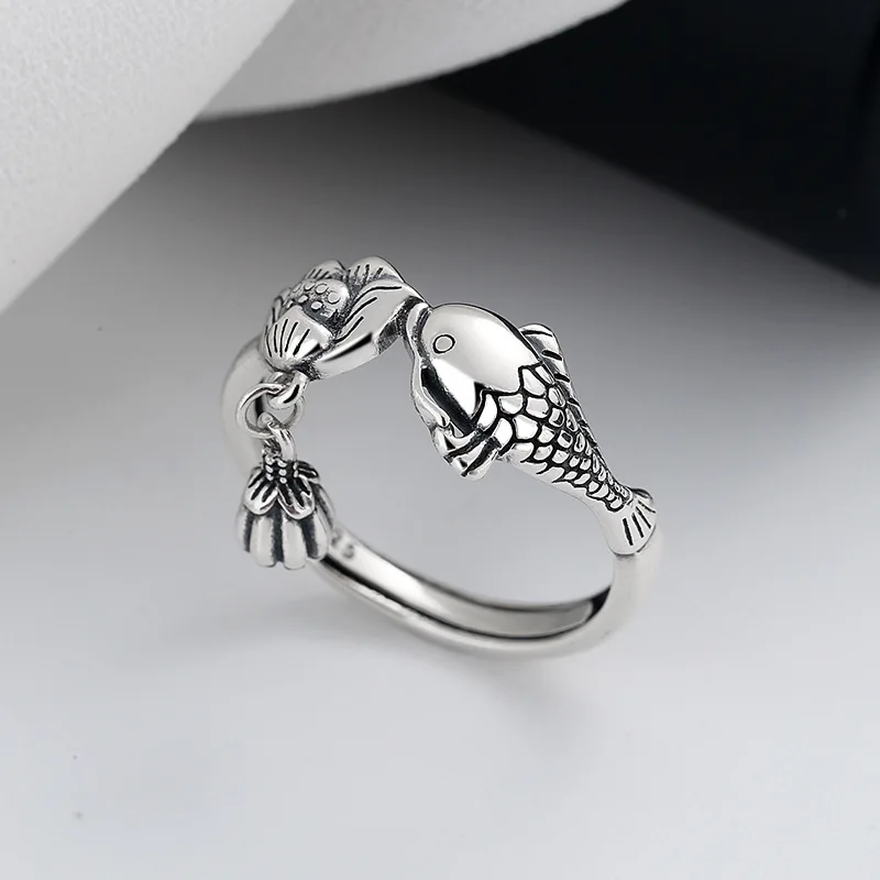 

BOCAI 100% S925 Silver Jewelry Vintage Ethnic Style Surplus Every Year Small Fish Lotus Flower Lotus Canopy Ring for Women