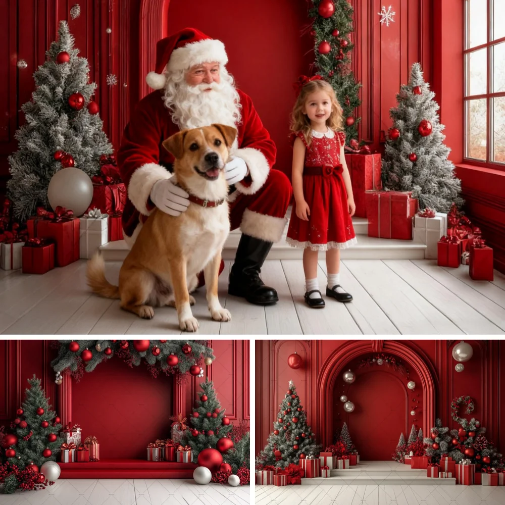 

Red Christmas Room Photography Background Arch Door Xmas Tree Gift Palace Wall Backdrop Decor Winter Kids Family Photo Studio