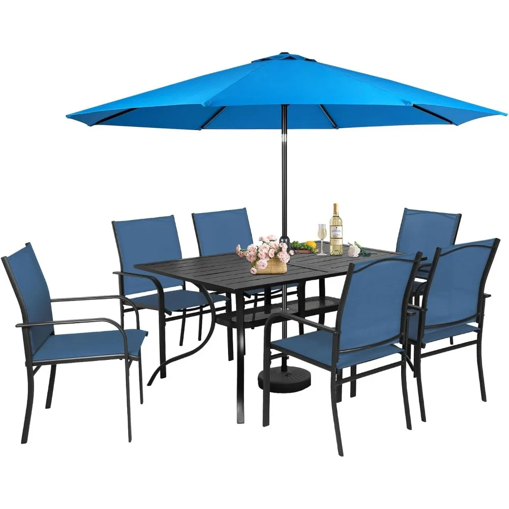 

Garden Furniture Set, Outdoor Dining Set of 6 Chairs and Rectangle Table with Umbrella Hole for Backyard Garden and Poolside
