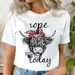 Women Funny T Shirts Cute Hairy Scottish Highland Cow T-Shirt Round Neck Casual Tops Women Cow Head & Letter Print Short T-shirt