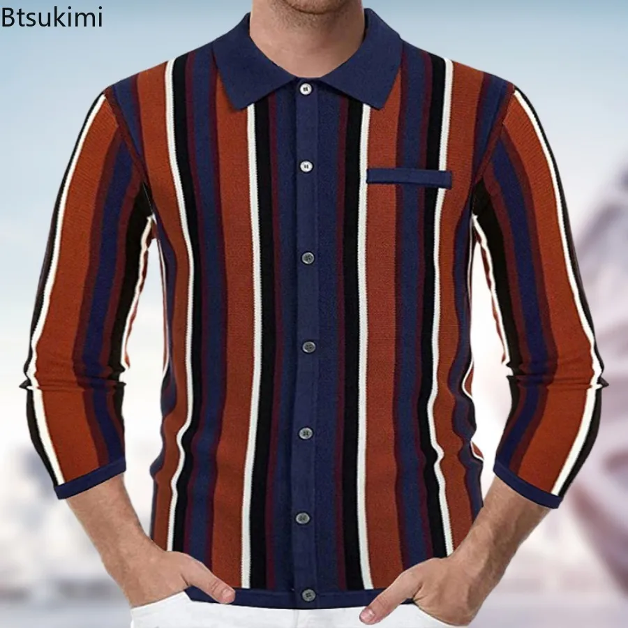 Camisas polo de manga comprida masculina, cardigã de malha fina, tops listrados, suéteres masculinos casuais, moda primavera, nova, 2022