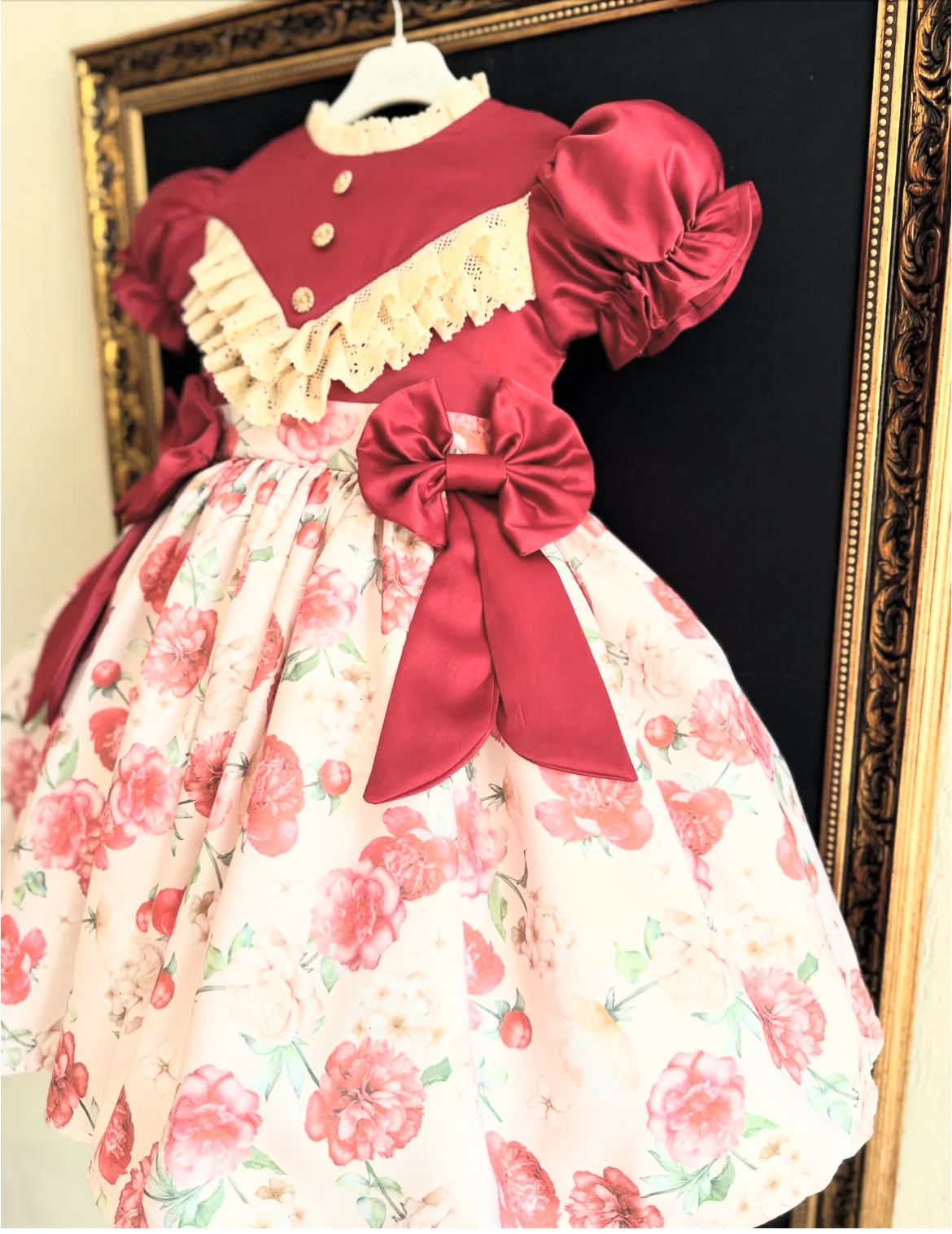 Baby Girl Summer Peony Flower Printed Dark Red Turkish Vintage Princess Dress for Birthday Holiday Eid Christmas B103