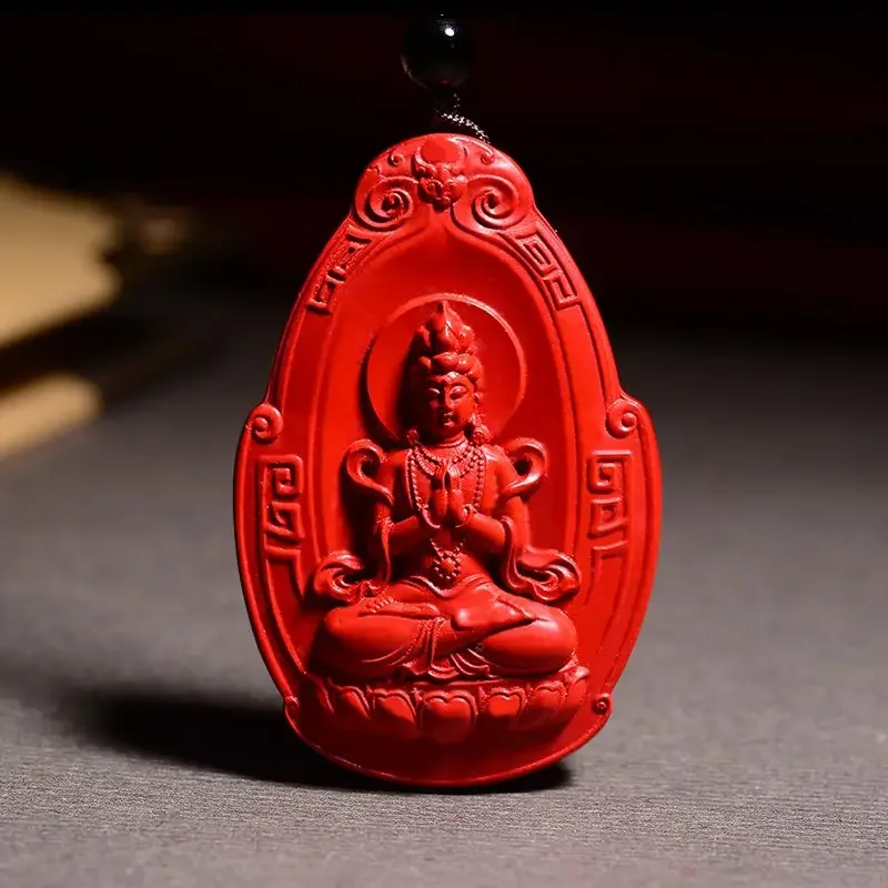 Cinnabar Pendant Carving Guanyin Blessing Men's Pendant Bodhisattva Necklace Gift Lucky Benmingfo Red Charms High-grade Jewelry