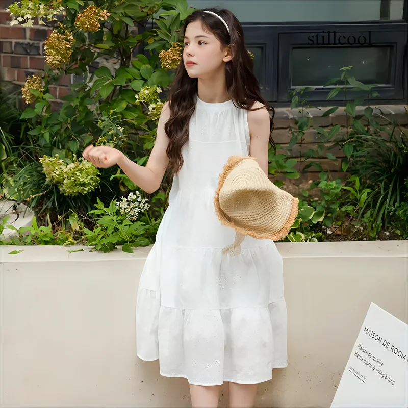 Girls Slip Dress Summer Sleeveless Hollow Cotton Dress 2024 New Beach Holiday White Princess Dresses for Kids 12 13 14 Years