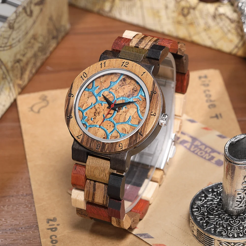 Reloj de cuarzo con movimiento de madera único para hombre, correa de madera pura Multicolor con diseño de esfera elegante contrastante, regalo que combina con todo, nuevo de 2021