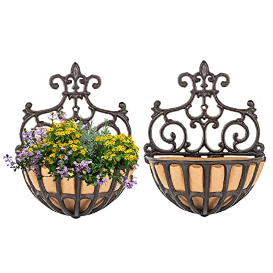 

Набор из 2-х маленьких чугунных корзин для растений, настенные, усиленные, полые, с тканевым вкладышем, в викторианском стиле, полукруглые, для настенного крепления