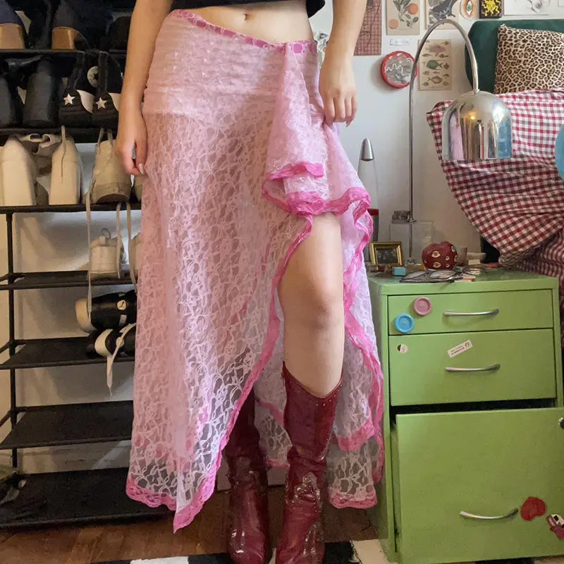 Long Skirts Pink Lace Irregular Split Skirt Streetwear Contrast Aesthetic Y2K Sweet Stylish Flowy Cute Slimming Summer Skirt