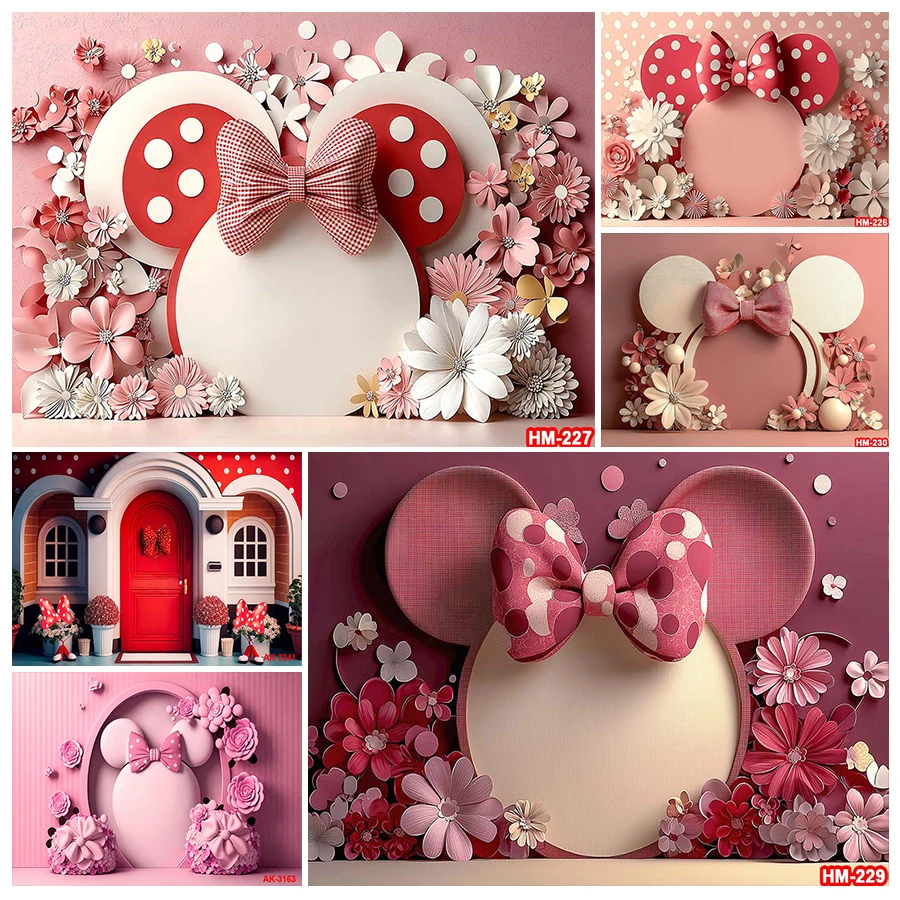 

Pink Cartoon Minnie Birthday Party Bow Background for Kids 1st Girl Princess Baby Shower Cake Decoration Backdrop