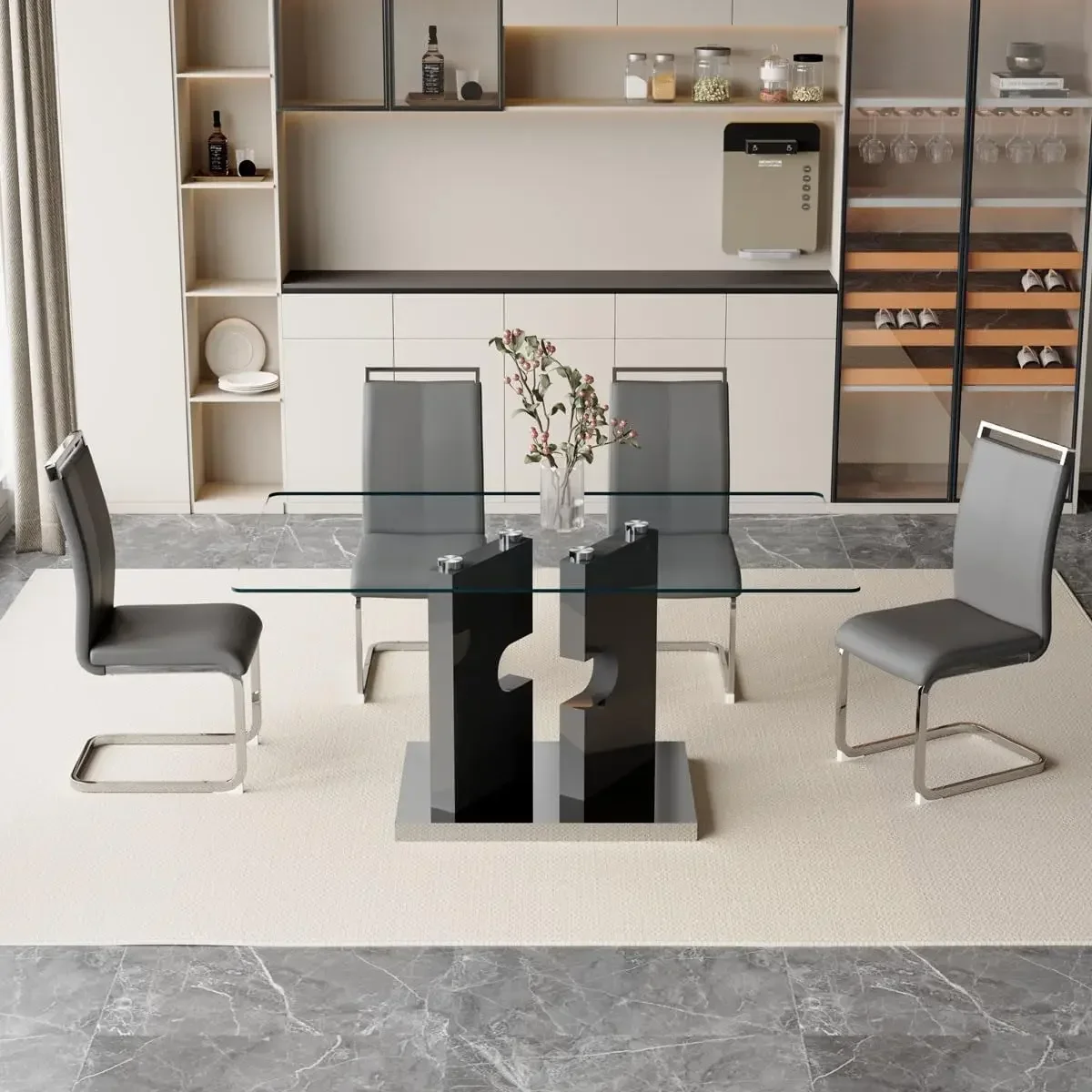 [Best Seller!]Table Set for 4,5 Piece Dining Table Set, Tempered Glass Table Top and Modern Design MDF Base with 4 PU Leather Er