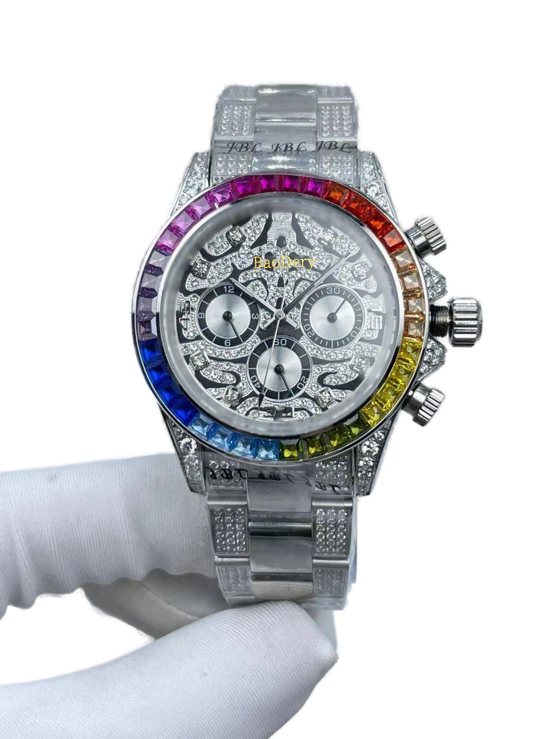 40mm Luxury Mens Wrist Watch with Middle Row Diamond Starry Rainbow Diamond:Gold Dial, Auto Calendar, Waterproof