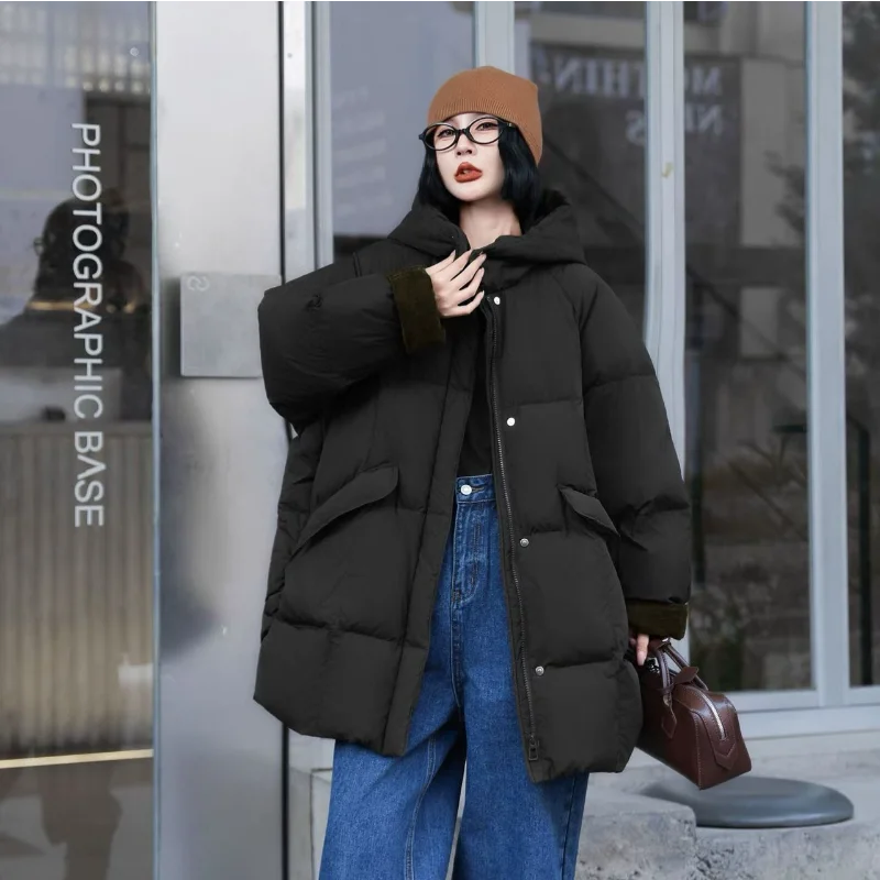 المرأة منتصف طول أسفل سترة 2025 خريف/شتاء جديد وصول فضفاضة تناسب مقنعين موضة عادية المتضخم سميكة معطف دافئ #3