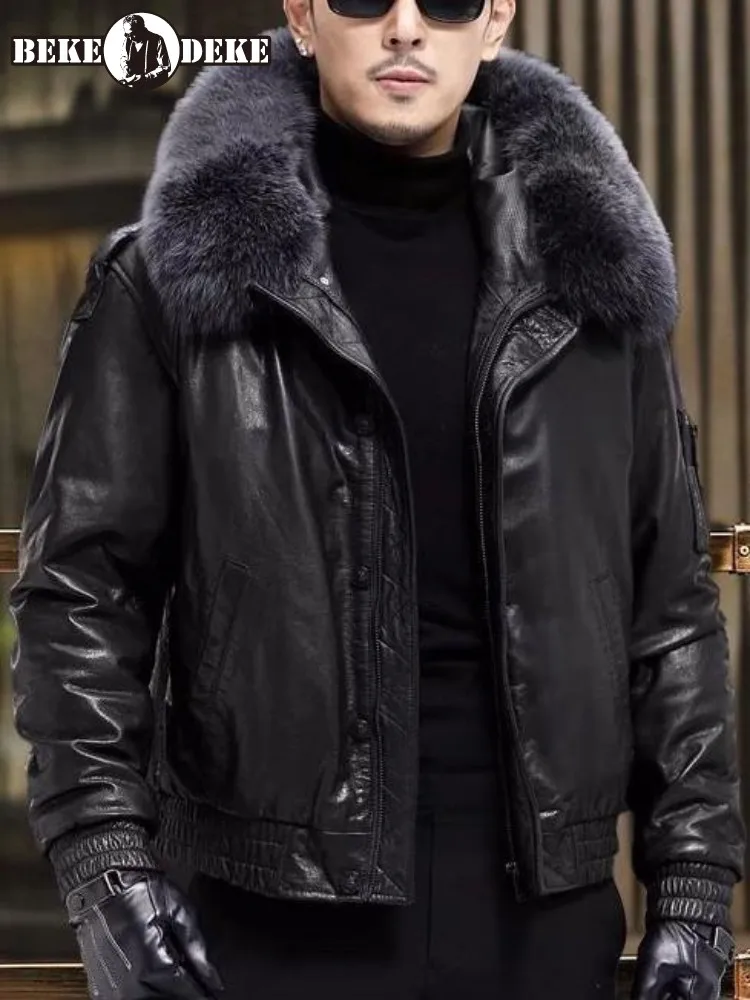 

Business Casual Style Long Sleeves Hooded Genuine Leather Down Coat Solid Color Single-Breasted Pocket Male Cowhide Outerwear