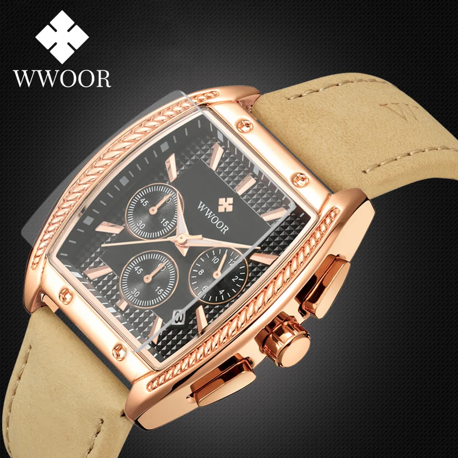 

WWOOR Luxury Man Wristwatch Sports Leather Business Men Quartz Watch Waterproof Calendar Chronograph Men's Watches Male Clock