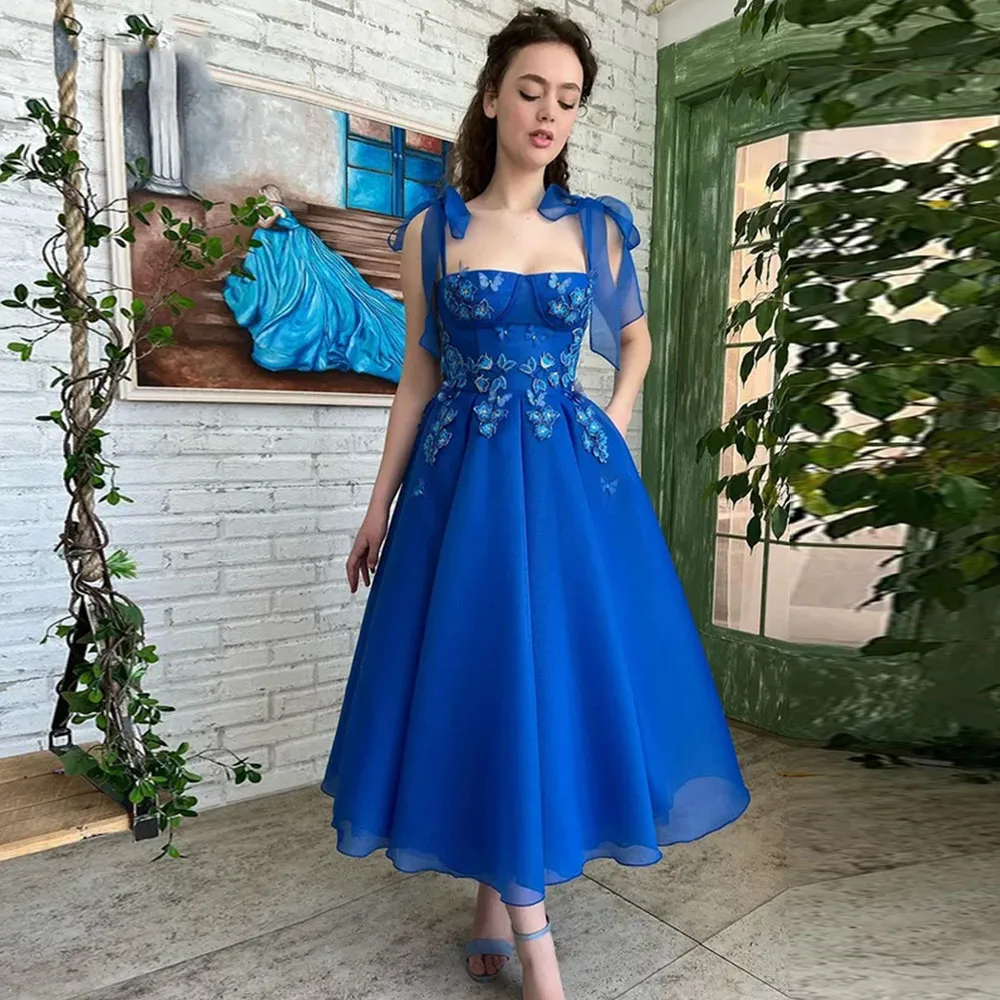 

Blue Detachable Straps Prom Dress Flowers Sleeveless Party Dress For Graduation Homecoming Celebrity robe fete femme