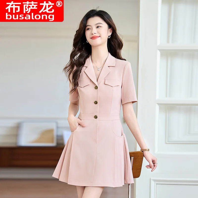 

Розовое платье с утягивающим поясом для женщин, новинка 2023 года, летняя тонкая стильная рабочая одежда на стойке регистрации, профессиональная элегантная высококачественная одежда