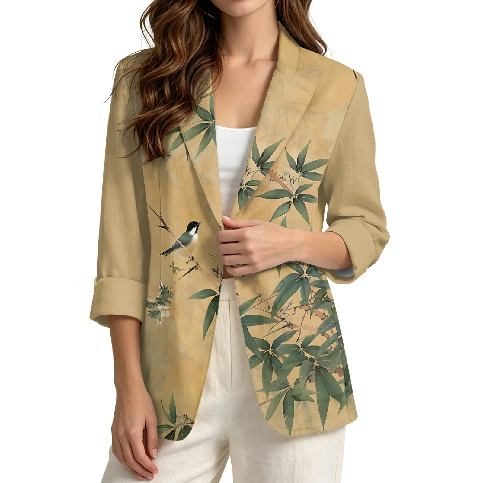 PENSTROLL Leaf Bird Print Linen Style Beach Cover Up Beach Top for Womens Open Front Beach Cardigan