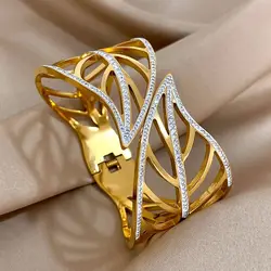 Chunky Big Leaves Stainless Steel Bracelets for Women Elegant Inlaid Rhinestone Gold Plated Cuff Bangles Waterproof Jewelry