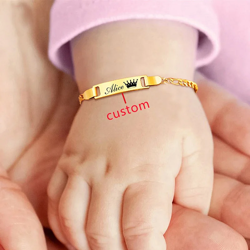 Custom 14k Gold Plated Engraved Name Cuban Chain Bracelet For Kids Girls Boys Personalized Children Jewelry Gifts