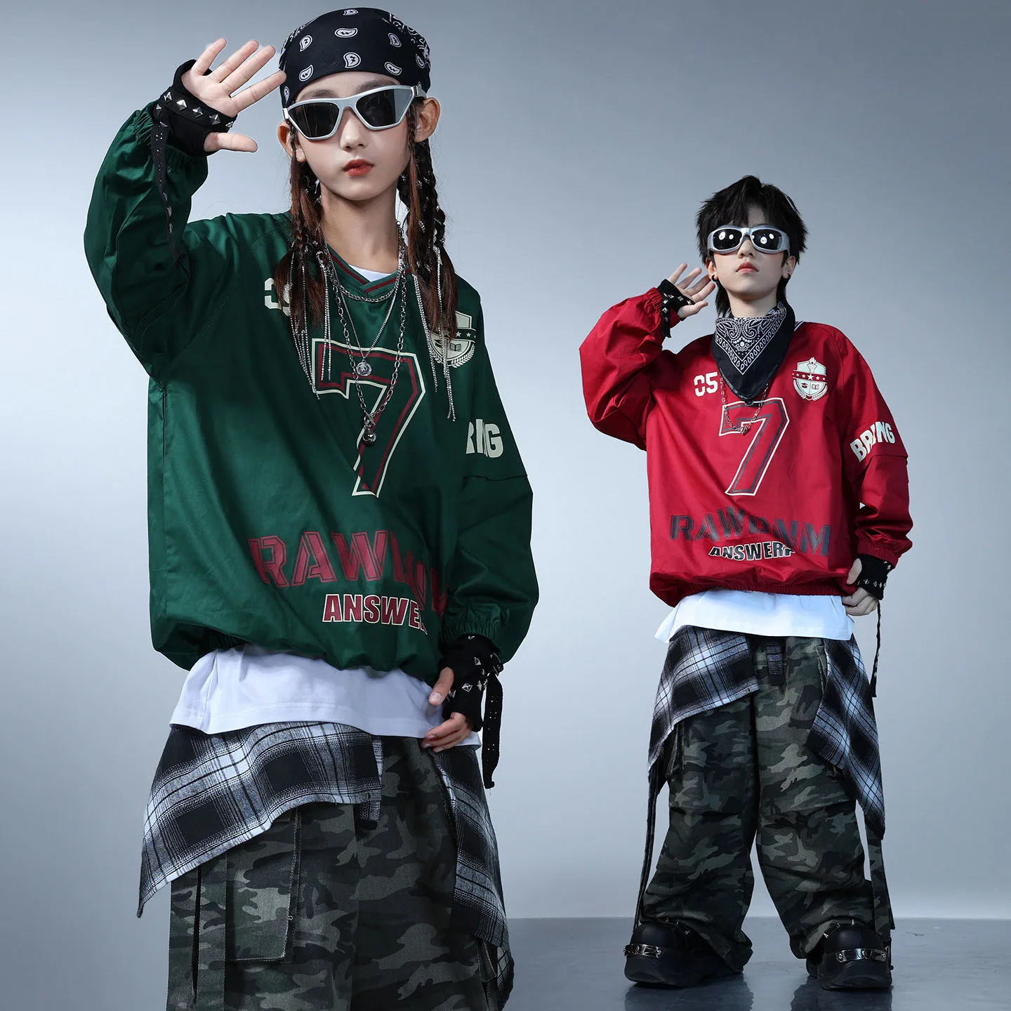 

Kid Kpop Hip Hop Clothing Red Green Jersey Sweatshirt Camo Street Strap Parachute Cargo Pants for Girl Boy Dance Costume Clothes