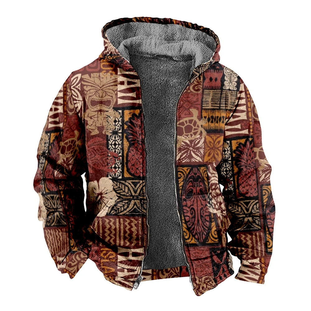 Autumn Winter Fleece Zip Up Hoodies Vintage Hawaii Hibiscus Digital Print Men Parka Coat Jackets Outerwear Sweatshirts