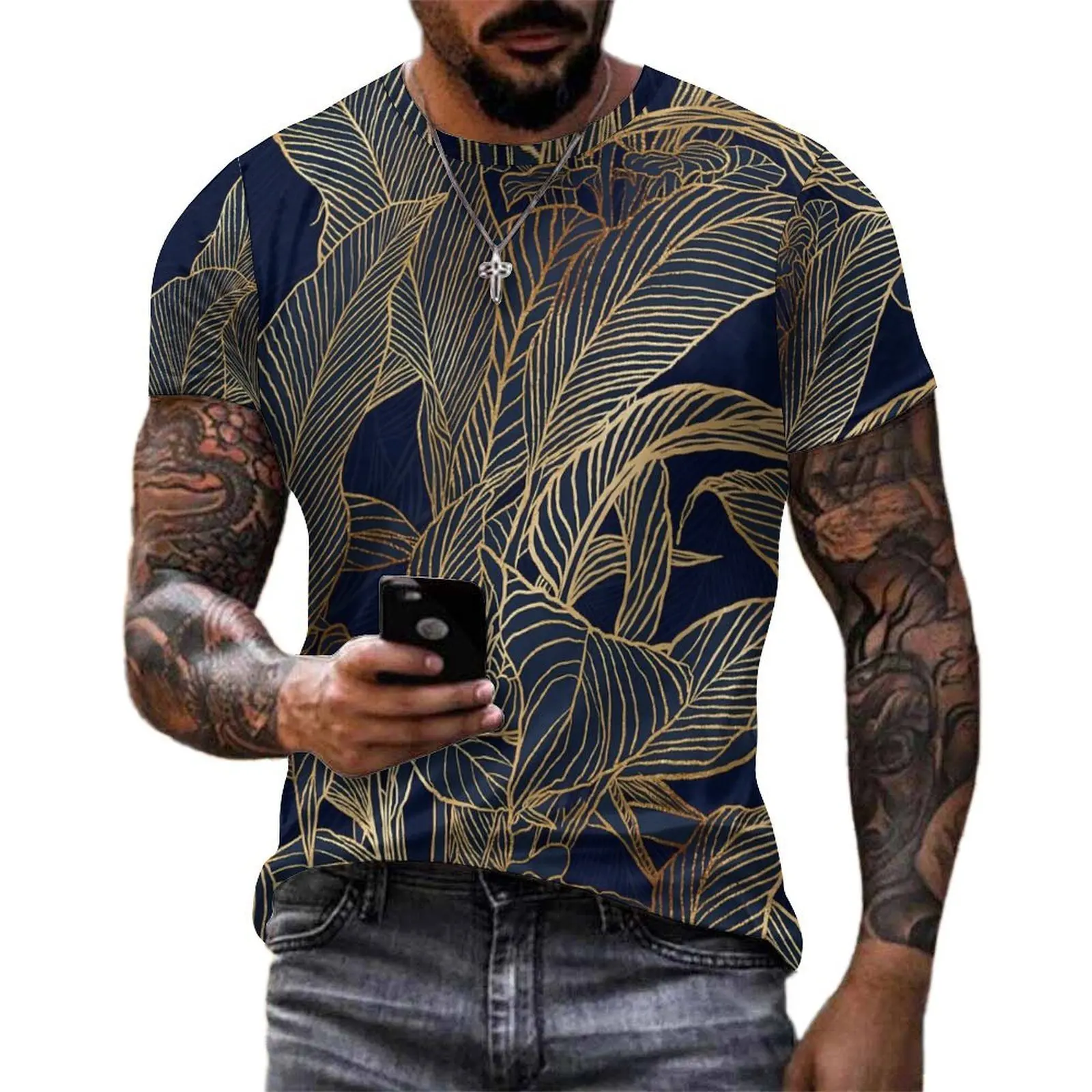 Plus Size T Shirt Summer Gold Foliage Plant T Shirts Botanical Print Classic Round Neck Tshirt Man Trending Custom Top Tees