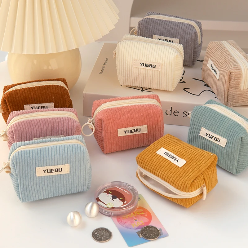 Mini Zipper Bag, Corduroy Material Portable Coin Purse Card Holder Multifunctional Storage Bag for Earphones and Coins, Grass Green, Milky White, Gray, Lotus Root Pink, Ginger Yellow