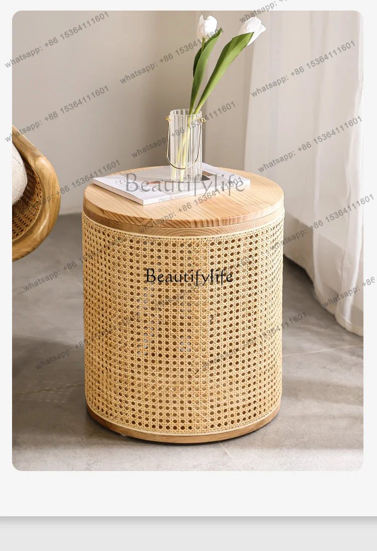 Factory Direct Solid wood rattan edge few round storage small coffee table Japanese living room