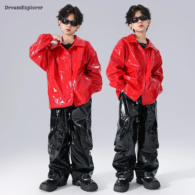 Ragazzi Hip Hop Giacca di pelle fresca Pantaloni cargo da ballo di strada Ragazza K-pop Set di vestiti Bambini Bambino Adolescenti Moda Jazz Lucido Streetwear