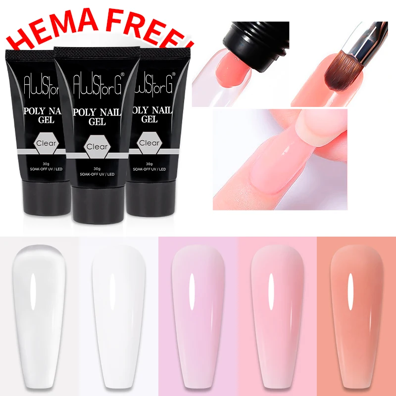 AWStorG Hema Free Poly Nail Gel 30ML Acrylic Gel Finger Extension Transparent Nail Art Extension Quick Building Soak Off UV