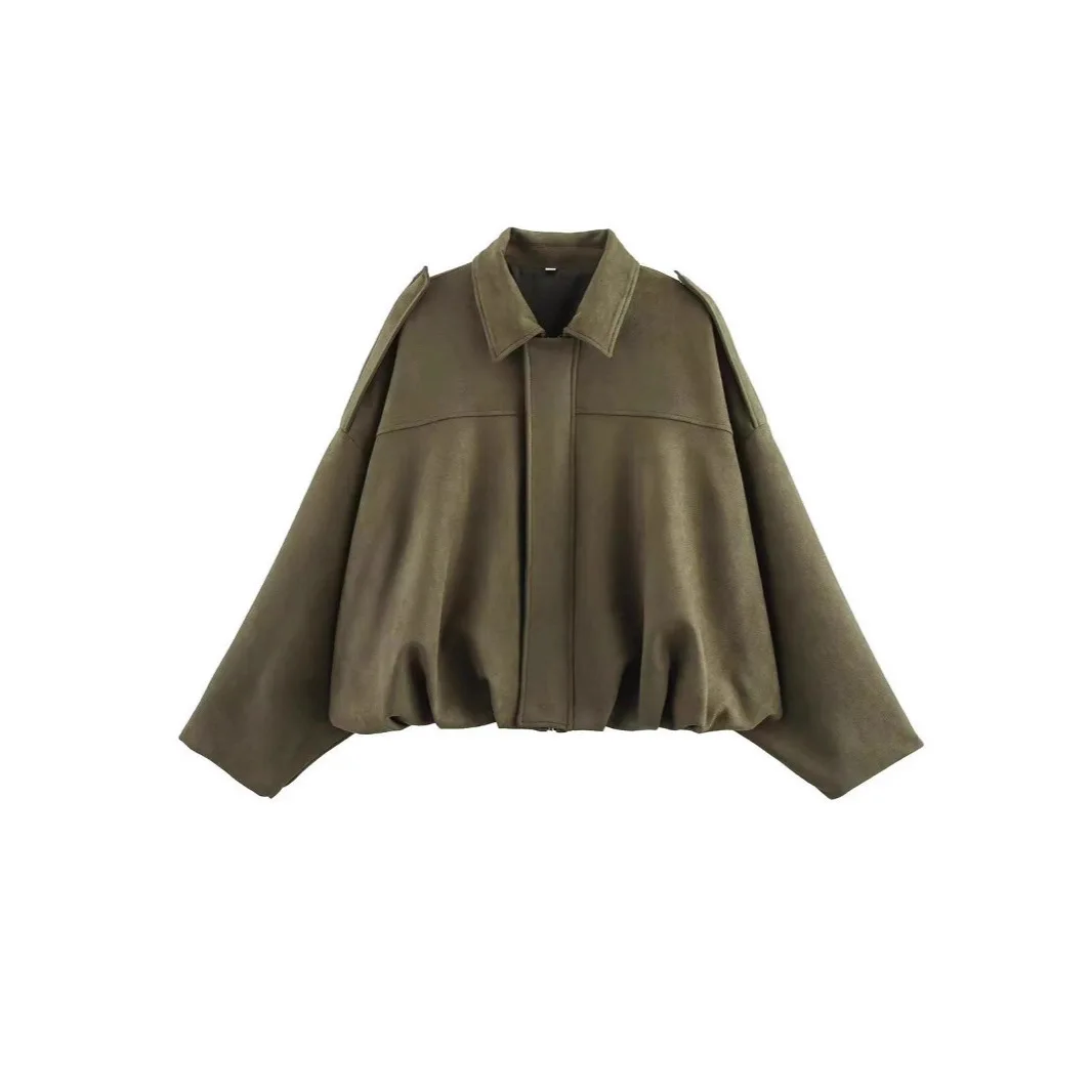 Women's Batwing Sleeve Cropped Jacket Drop Shoulder Hidden Button Lapel Puff Hem Loose Casual Coat Outerwear