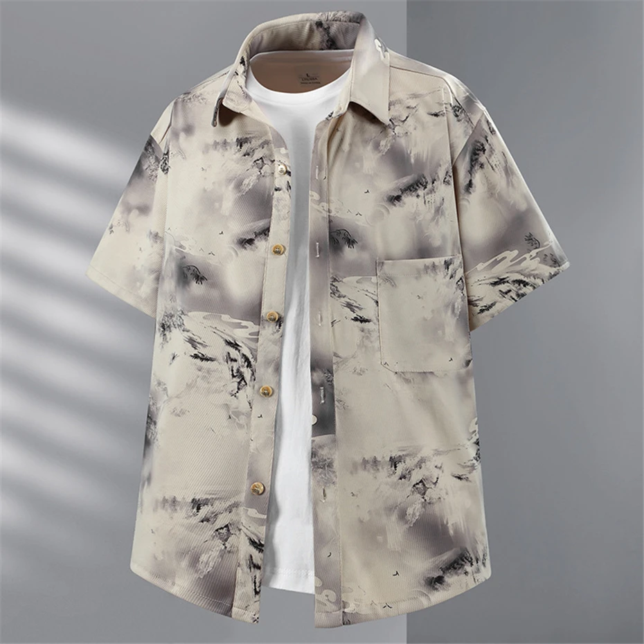 Summer Hawaiian Shirt Men Plus Size 11XL Shirts Ink Painting Printing Casual Fashion Summer Short Sleeve Shirt Male Big Size