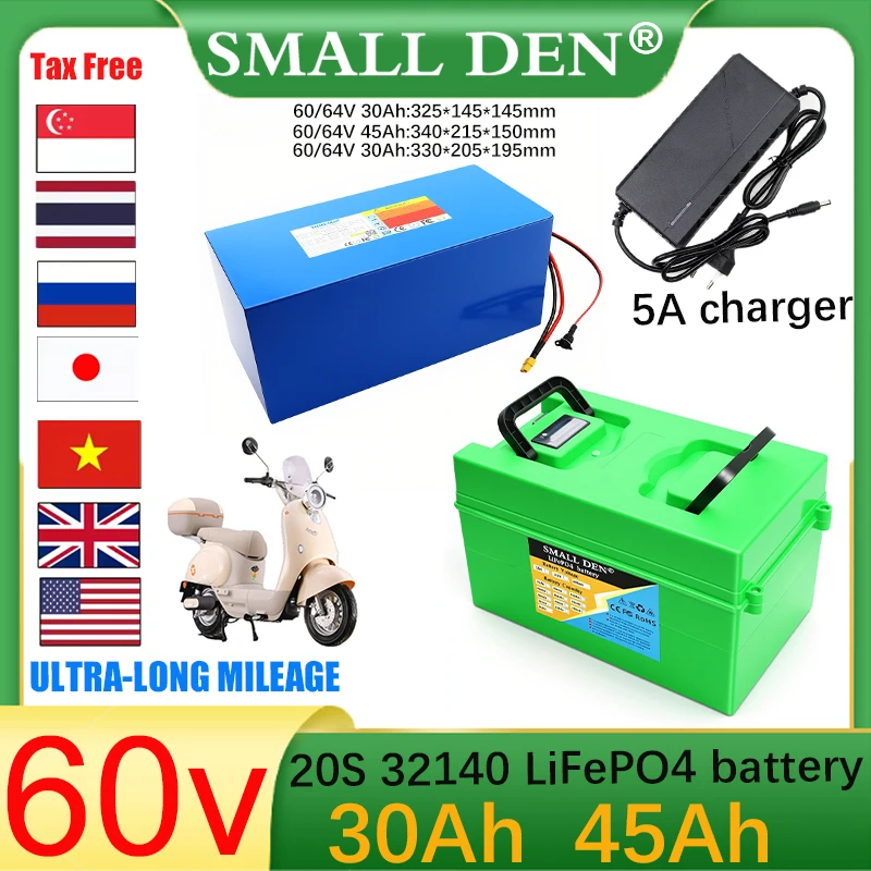

60V/64V 30Ah 45Ah LiFePo4 Battery Rechargeable Battery Pack 32140 20S2P-3P Built in BMS 3200W Motor High Power Charger duty-free