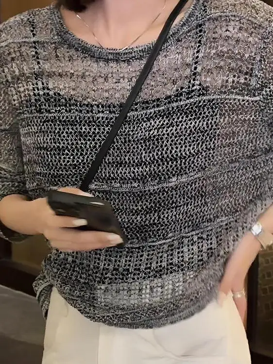 Camiseta larga de punto con huecos de talla grande japonesa para mujer, Top informal, transpirable, agradable para la piel, ropa de otoño