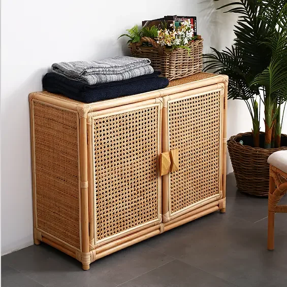 

Retro Home Storage Locker Cabinet Living Room Furniture Porch Natural Rattan Wicker Shoe Cabinets