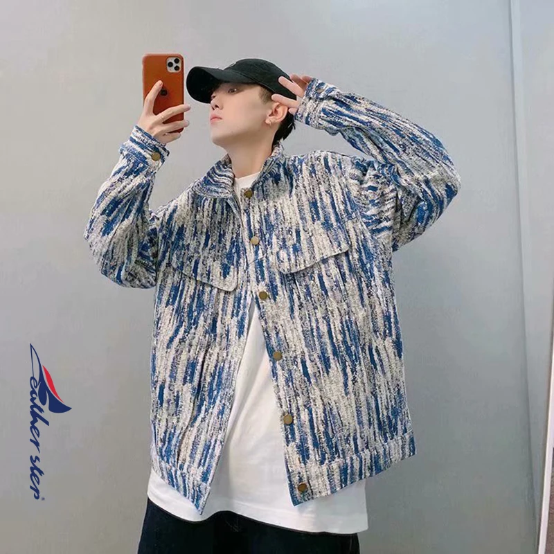 

Casual Jacket Man Spring Autumn Y2K Trend Lapels Tie-dye Pocket Male Denim Tops Loose Vintage All Match Outerwear Coat Men