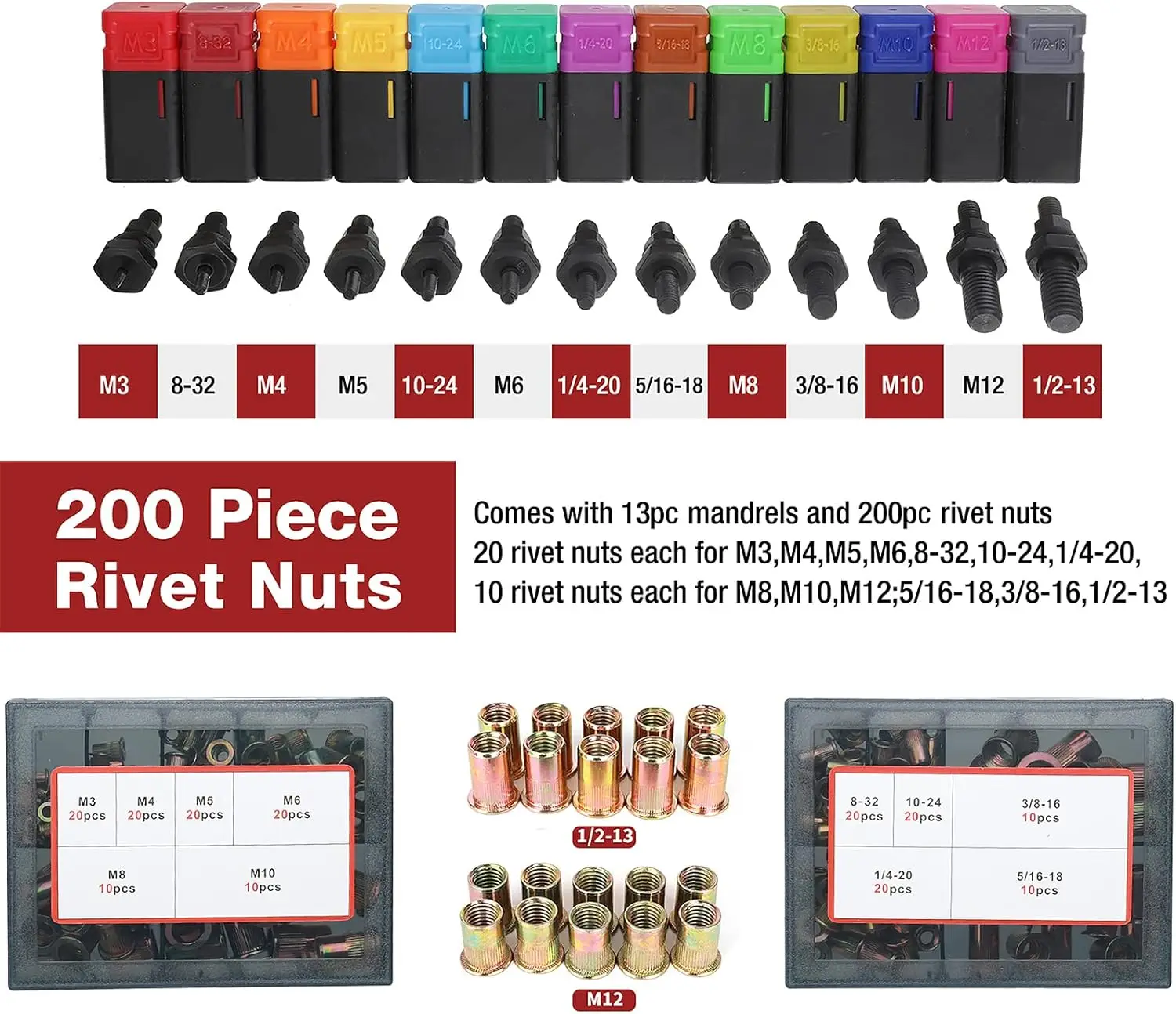 16" Rivet Nut Tool Kit with 13 Mandrels and 200Pcs Rivnuts, Hand Riveter Set in Carrying Case