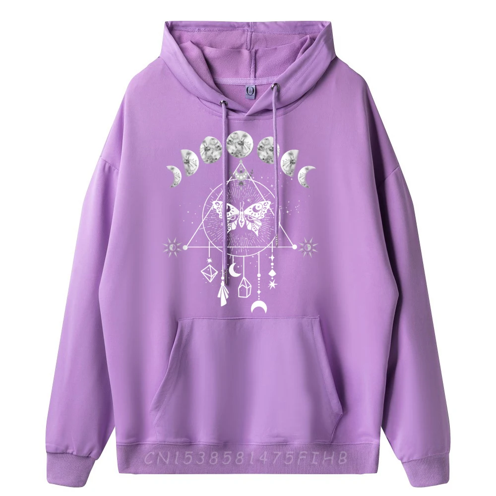 Male Long Sleeve Celestial Moon Phase Moth Crystals Sweatshrt Summer Hoodies Retro Normal Round Neck Hoodies