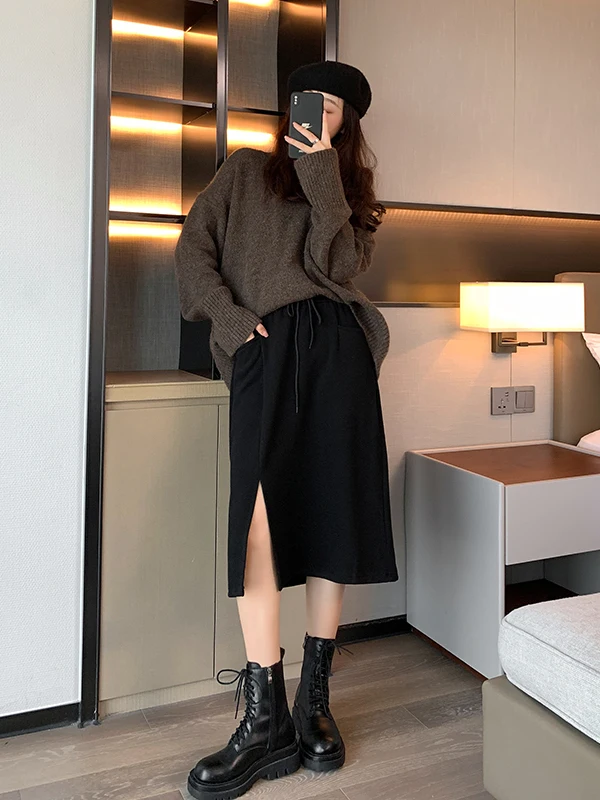 レディース ニット ウール スカート ハイウエスト ストレートカット H-ape カジュアル 通勤 スレ ミッドレングス ワンステップ スプリットスカート