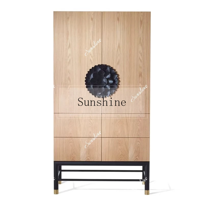 

Solid wood double door simple wardrobe carved high cabinet hand carved lotus FT
