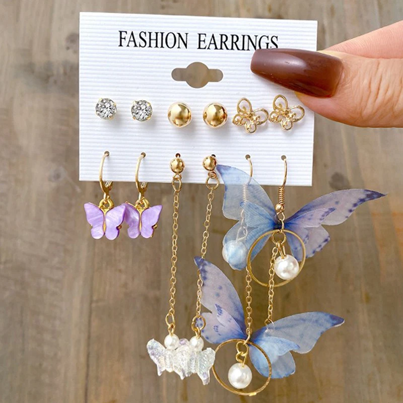 6 Pairs Korean Charm Butterfly Stud Earrings Set For Women Girls Fashion Metal Long Tassel Chain Pierced Earrings Jewelry