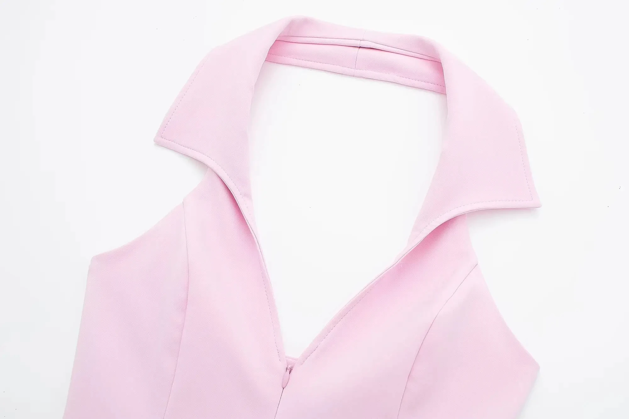 HH 2024 Sommer-Damen-Tanktop, rückenfrei, ärmellos, Neckholder, V-Ausschnitt, abgeschnitten, + A-Linie, hohe Taille, Mini-Shorts, modischer rosa Anzug – Detail 6