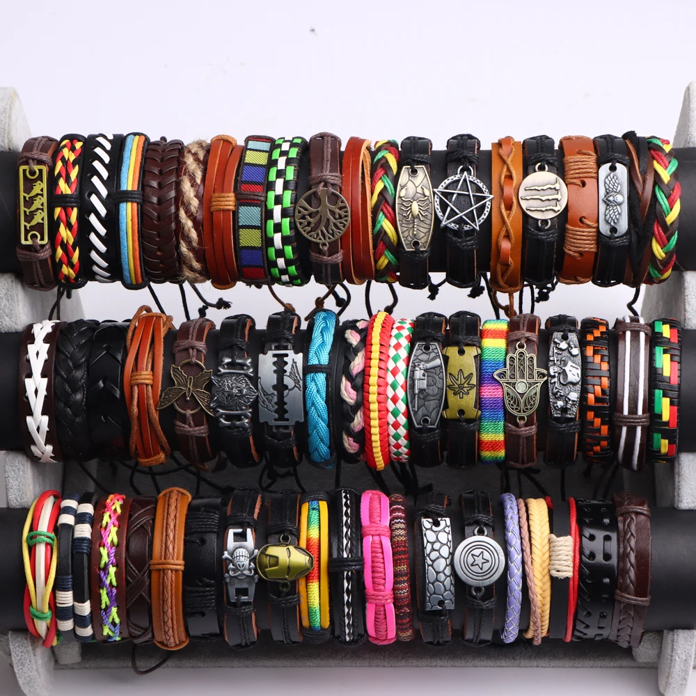 25/50/100Pcs/Lot Fashion Retro Vintage Brown Ethnic Leather Bracelets Metal Cuff Colorful Bangle Jewelry For Women Men Wholesale