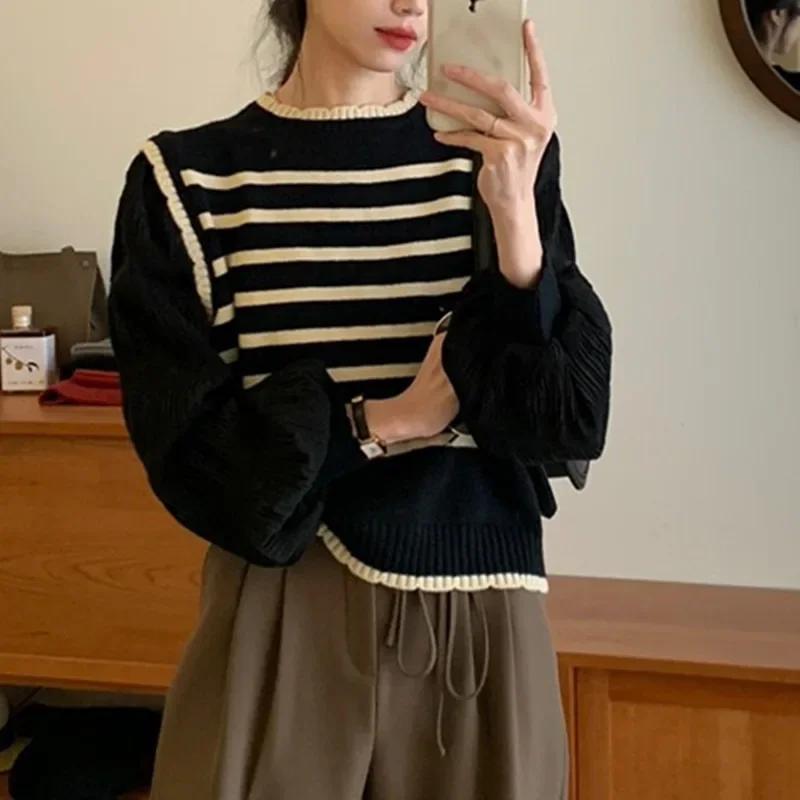 Women Mock Two Piece Knit Striped Sweater Patchwork O-Neck Loose Casual Pullovers Sweaters Spring Autumn New Chic Short Jumpers