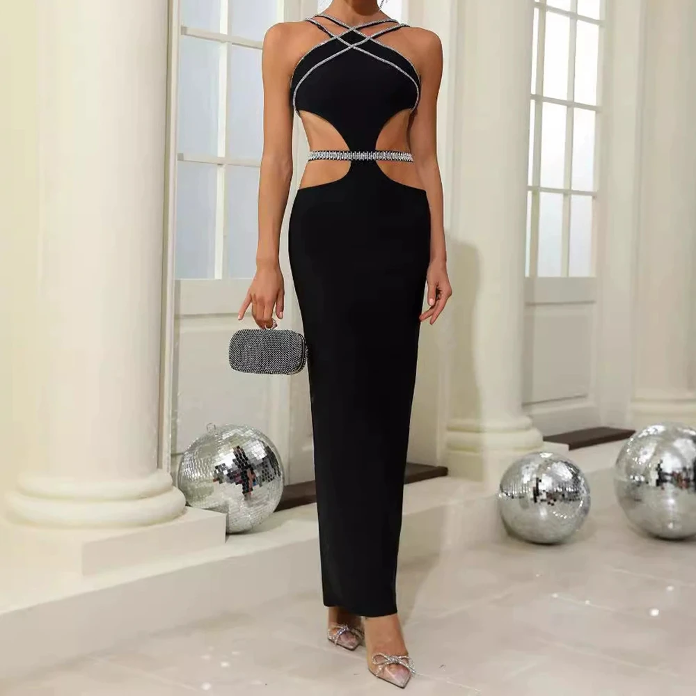 

Sexy Bandage Dress with Hollow Diamond Side-Exposed Waist Strap Hip Maxi Cocktail Dress-GZXX761