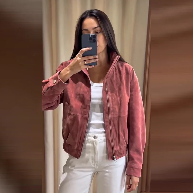 Vintage Wildleder-Patchwork-Damenmantel, Herbst, Langarm, Stehkragen, einreihig, Damenmäntel 2026, Streetwear-Jacke für Damen – Detail 7