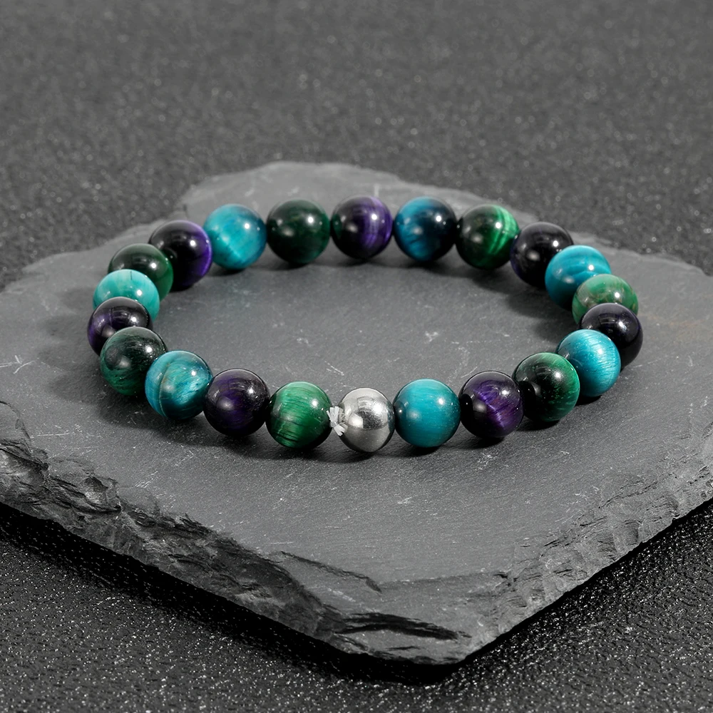 OAIITE 8mm Natural Blue Green Purple Three Colors Tiger Eye Chakra Bracelet Men and Women Healing Wealth Bead Bracelet